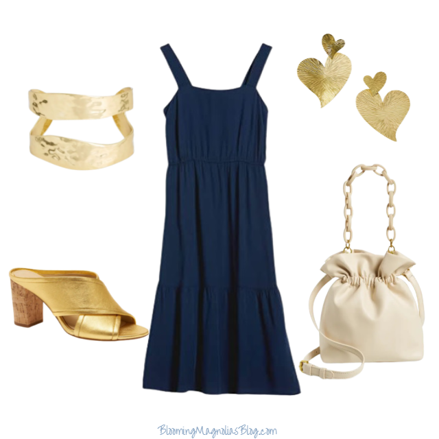 Navy blue dress hot sale with gold accessories